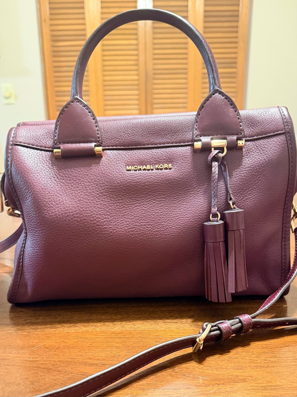 Michael Kors Plum Leather Satchel with Tassel Detail, keychain, and camera bag